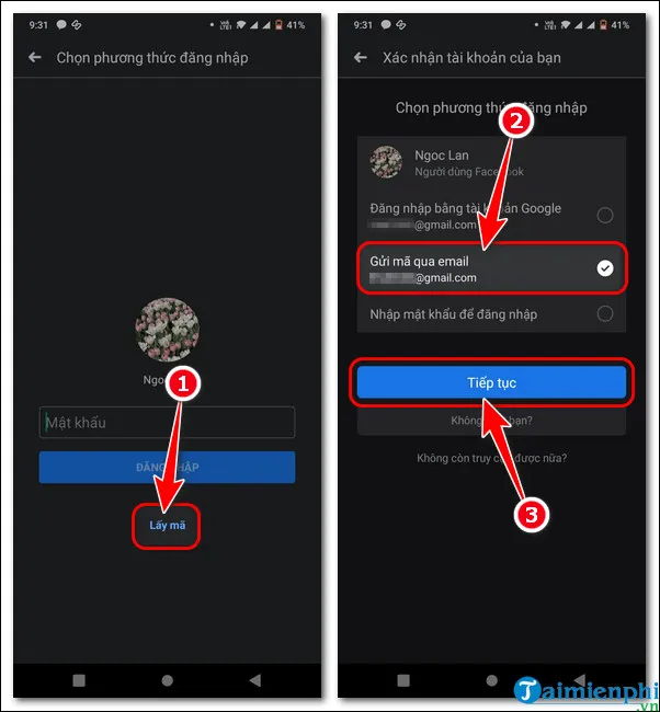Màn hình lựa chọn phương thức khôi phục qua Email hoặc các tùy chọn khác