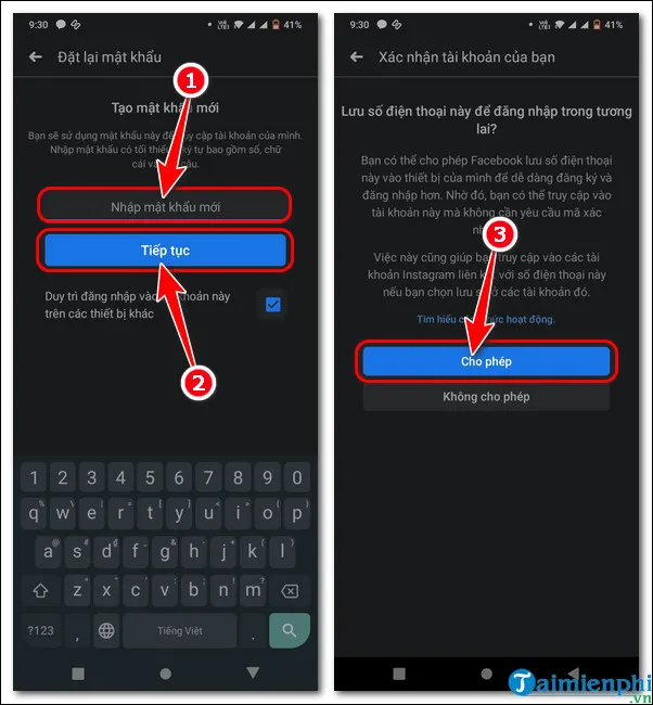 Màn hình nhập mật khẩu mới và hoàn tất quá trình lấy lại tài khoản Facebook