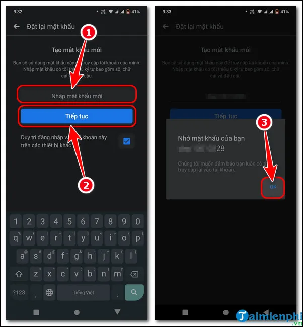 Màn hình tạo mật khẩu mới sau khi xác thực mã thành công