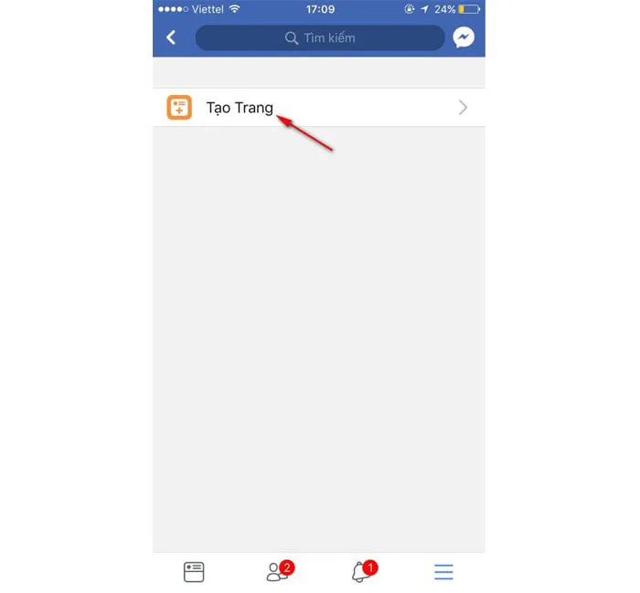 Màn hình "Tạo trang" và nhấn Bắt đầu trong quá trình tạo Fanpage