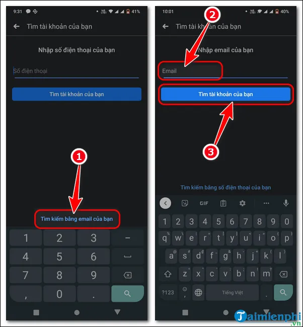 Màn hình tìm kiếm tài khoản bằng Email và chọn phương thức lấy mã