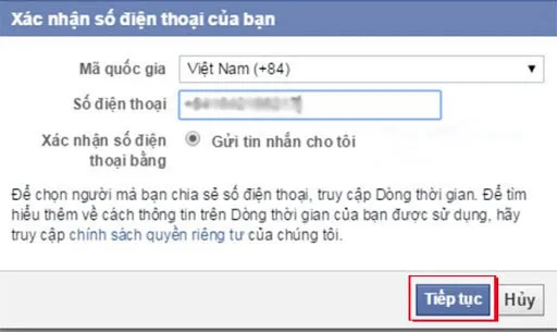 Màn hình xác minh tài khoản facebook bị khóa bằng số điện thoại đăng ký