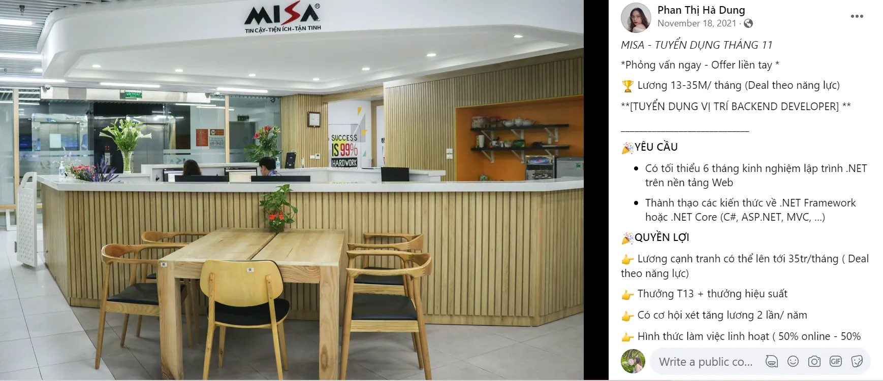 Mẫu đăng tin tuyển dụng trên trang Facebook của MISA