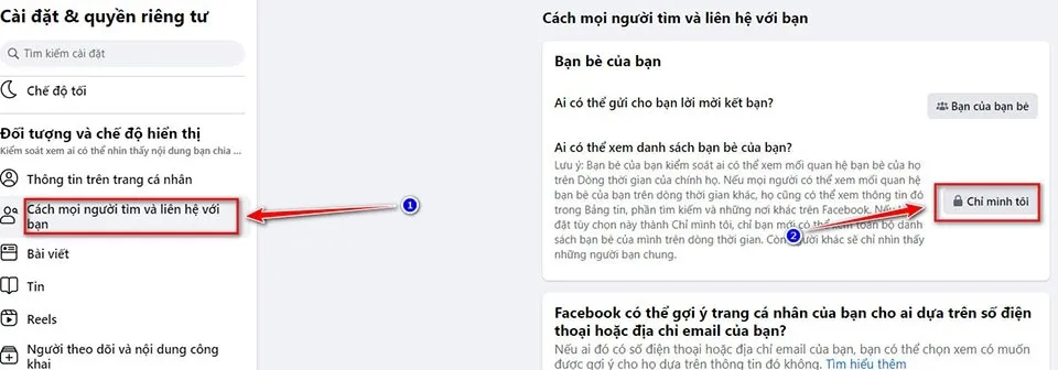 Menu Cách mọi người tìm và liên hệ với bạn trong cài đặt Facebook trên máy tính