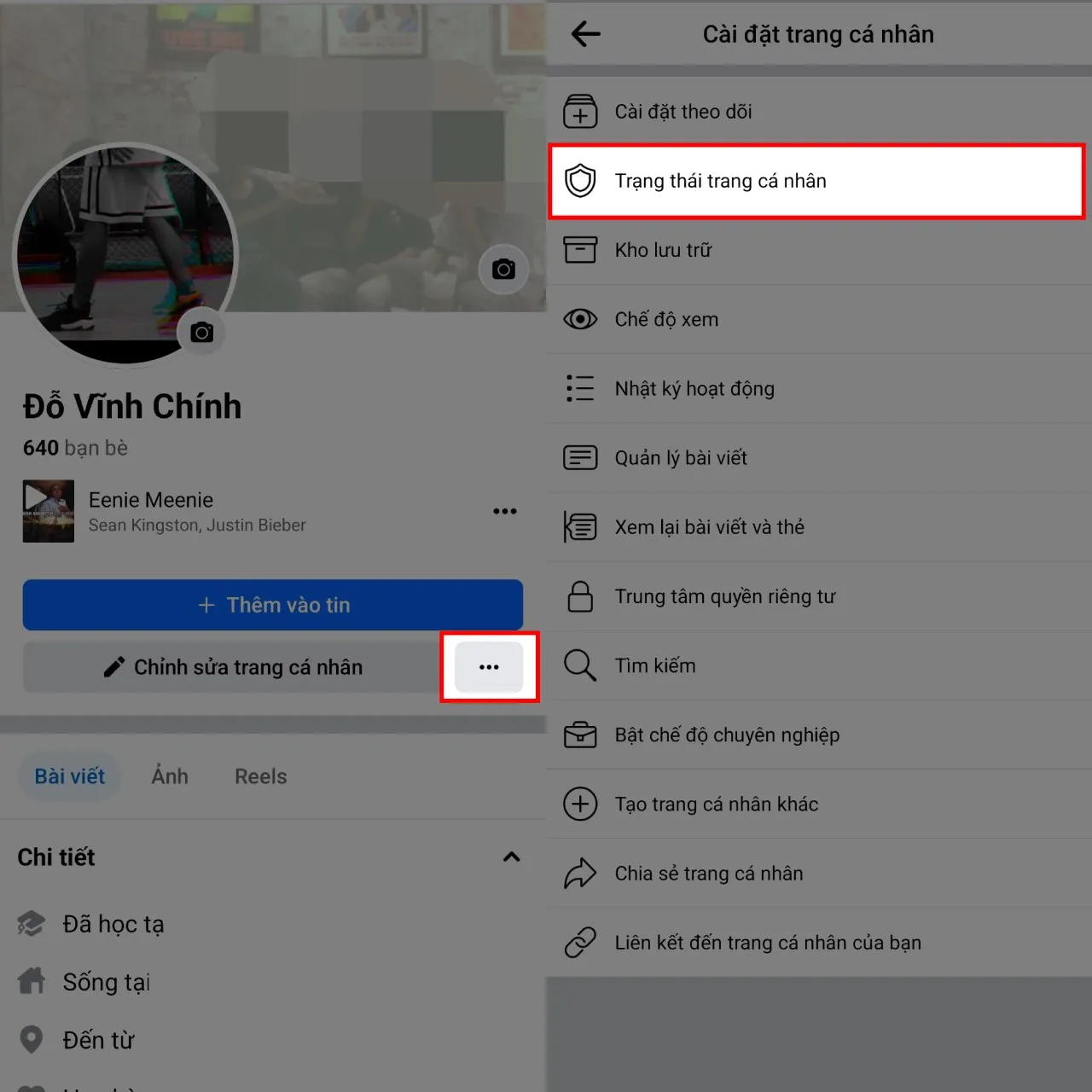 Menu cài đặt trang cá nhân với mục Trạng thái trang cá nhân giúp kiểm tra tài khoản facebook