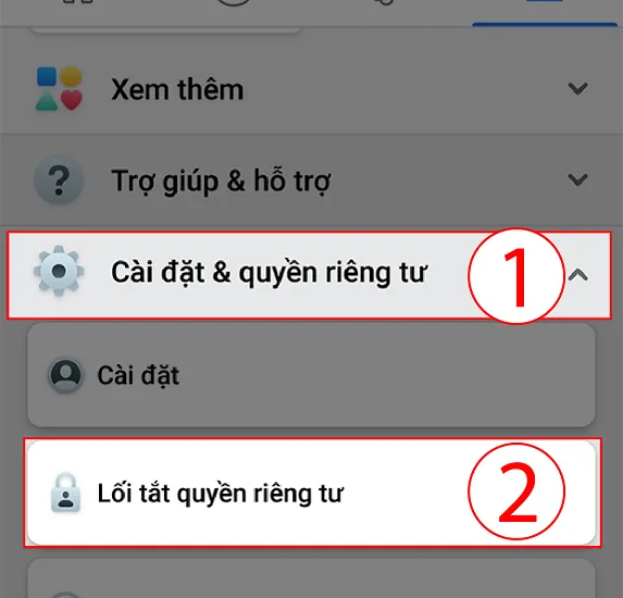 Mở cài đặt quyền riêng tư trên Facebook trong menu
