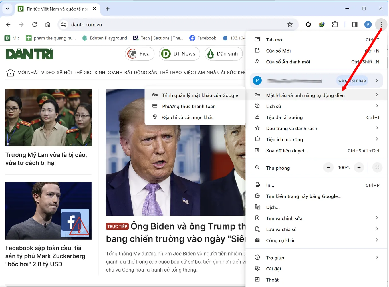 Mở menu cài đặt trên Chrome và chọn "Mật khẩu và tính năng tự động điền" để xem cách tìm mật khẩu Facebook