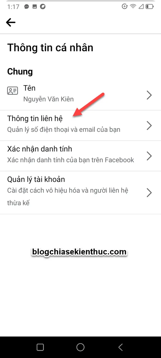 Mục 'Thông tin liên hệ' trên ứng dụng di động Android, cho phép người dùng quản lý và thay đổi số điện thoại.
