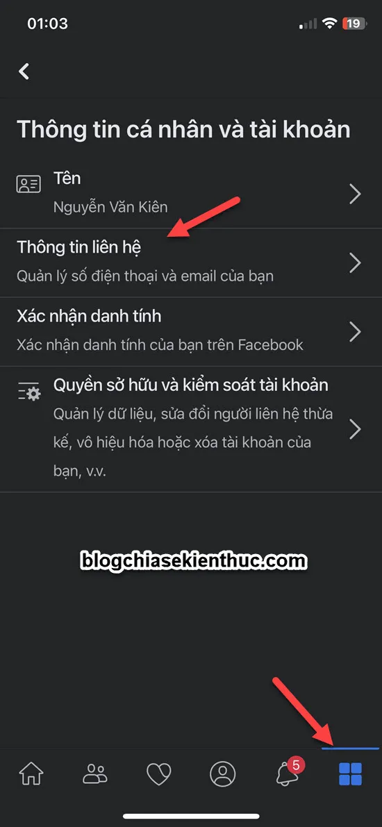 Mục 'Thông tin liên hệ' trên ứng dụng di động, nơi người dùng dễ dàng thay đổi số điện thoại và email.