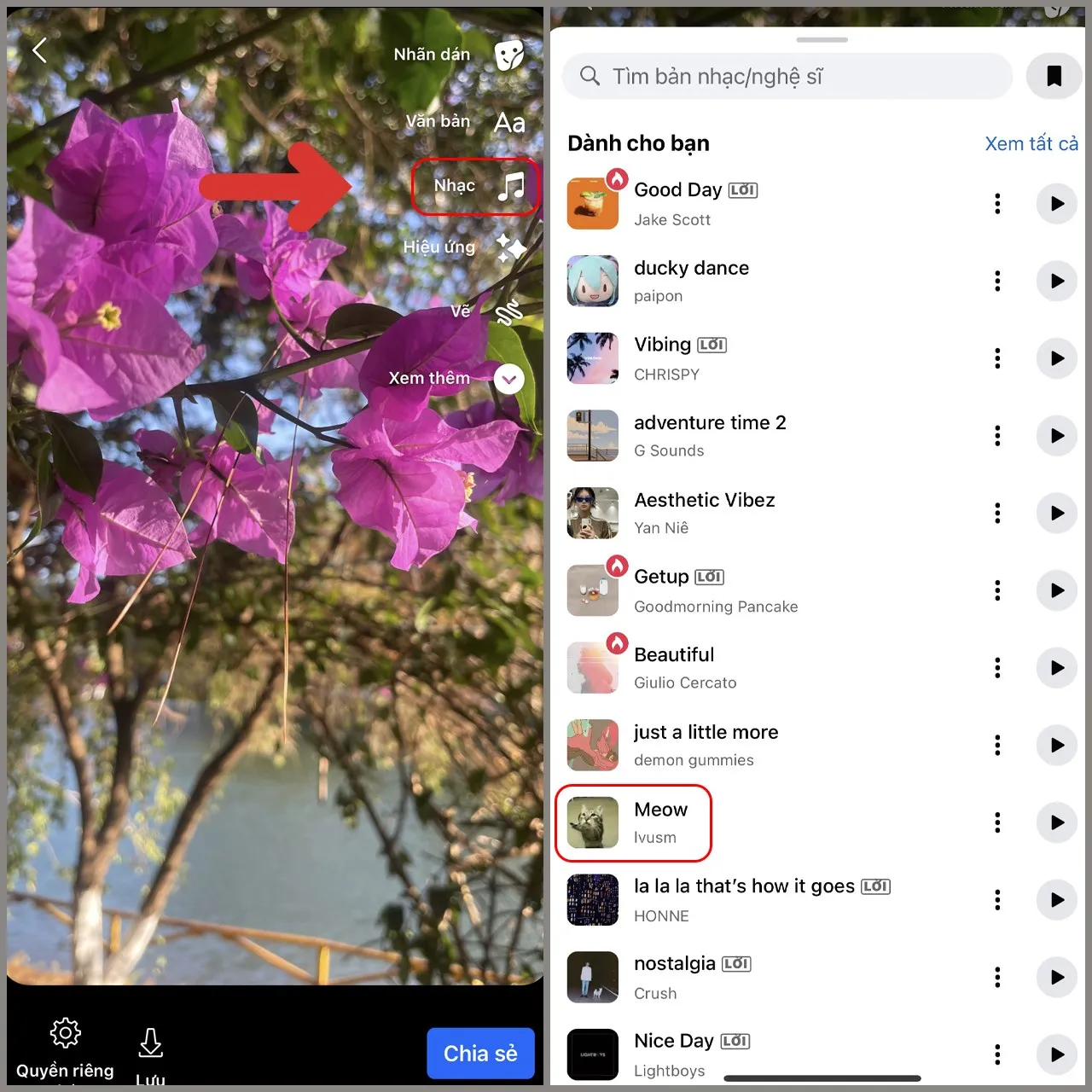 Nhấn chọn sticker Nhạc và chọn bài hát yêu thích để chèn vào story