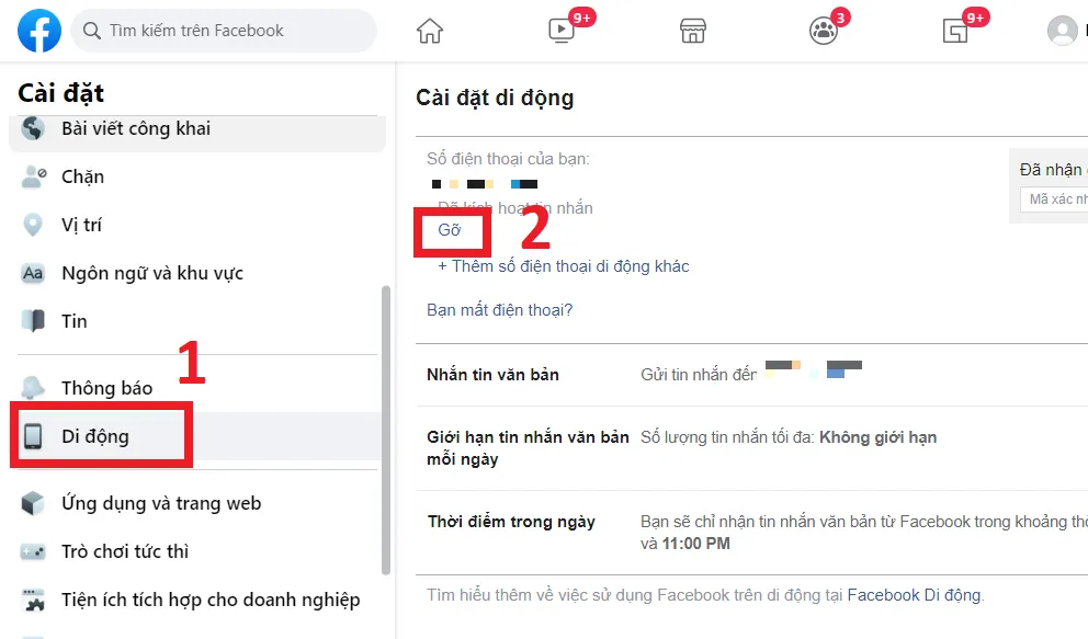 Nhấn Gỡ để thực hiện cách xóa số điện thoại đăng nhập trên Facebook bằng máy tính