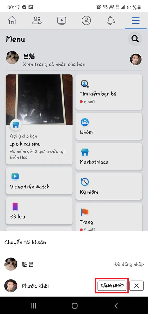 Nhấn nút Đăng nhập để hoàn tất việc chuyển đổi tài khoản Facebook nhanh chóng