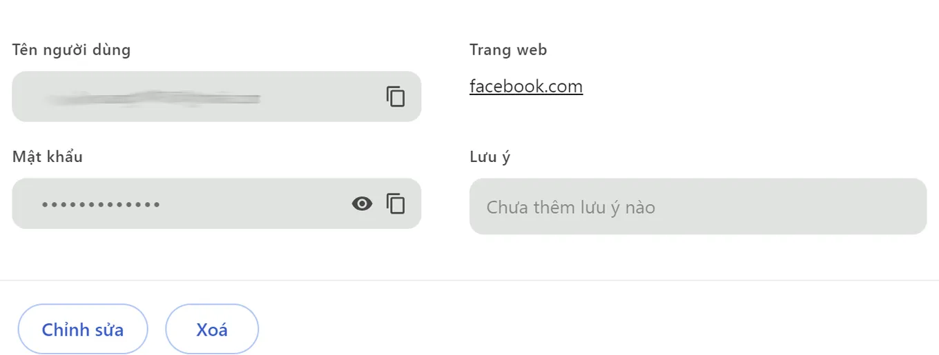 Nhấn vào biểu tượng con mắt để xem mật khẩu Facebook đã được lưu trữ