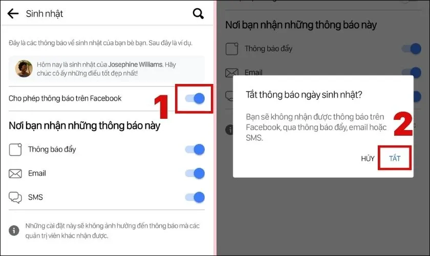 Nhấn vào tắt Cho phép thông báo trên Facebook