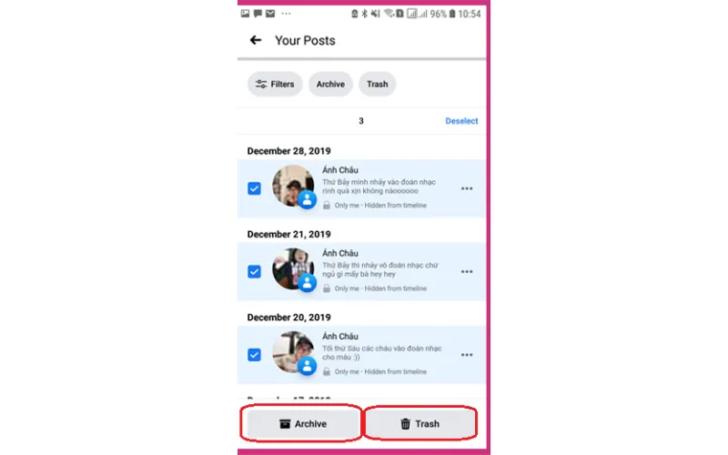 Nhấn vào vòng tròn bên cạnh bài viết bạn muốn xóa.