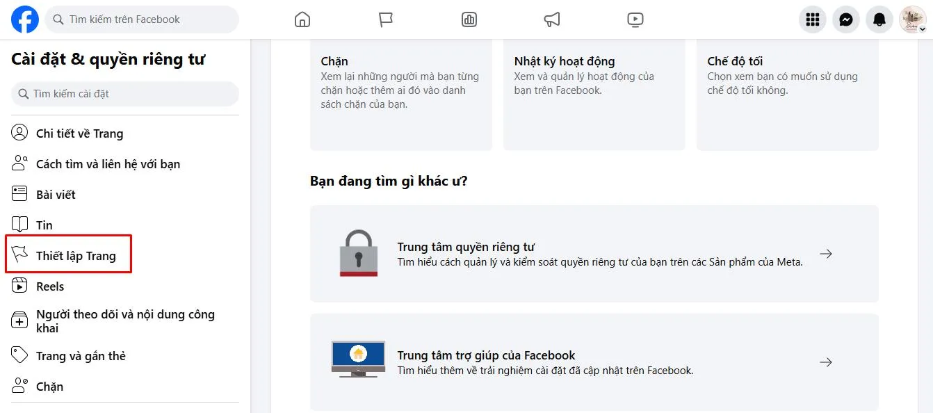 Nhấp chọn Cài đặt từ cột bên trái trong giao diện quản lý Fanpage