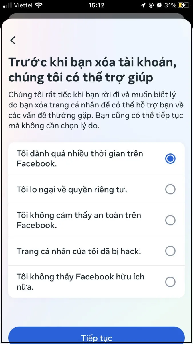 Nhập lý do và mật khẩu để hoàn tất việc xoá trang cá nhân đã tạo