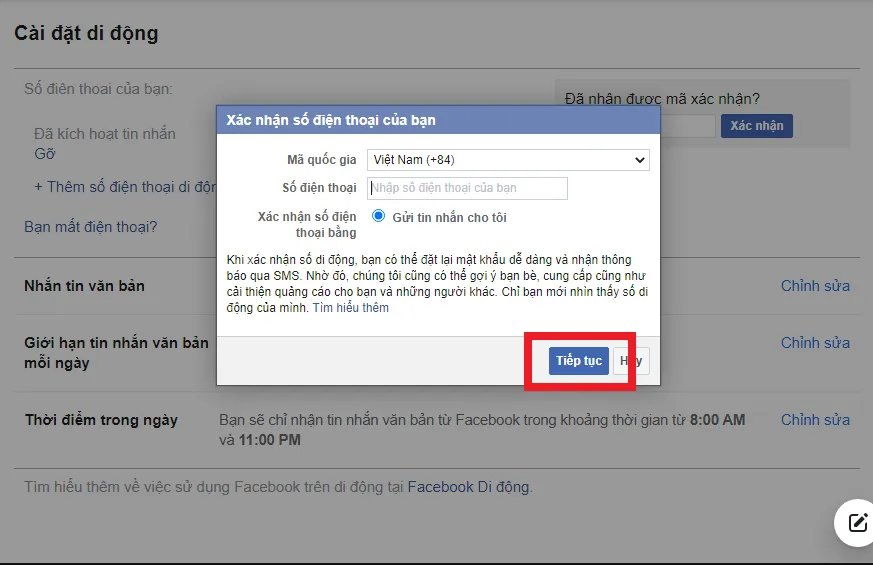 Nhập mã xác nhận để thêm hoặc xóa số điện thoại đăng nhập trên Facebook