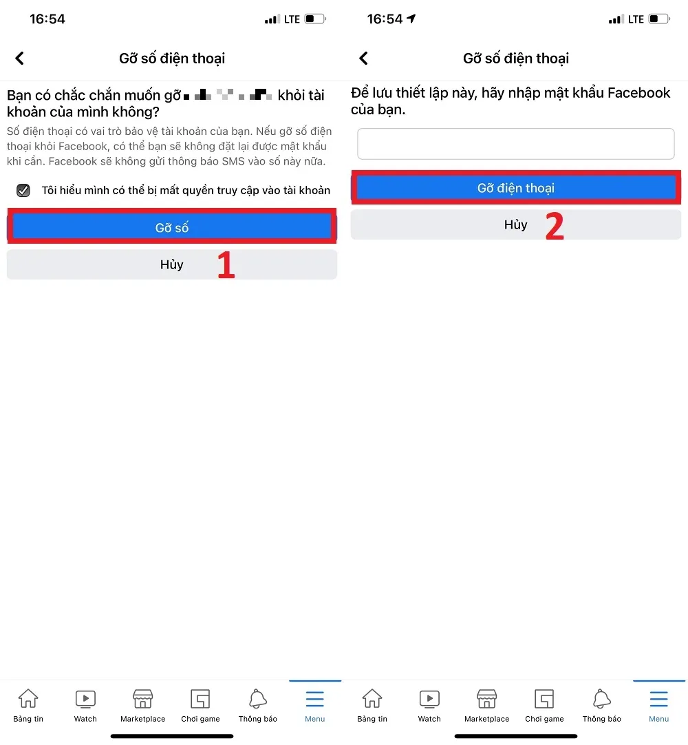 Nhập mật khẩu để xác nhận gỡ bỏ và hoàn tất cách xóa số điện thoại đăng nhập trên Facebook