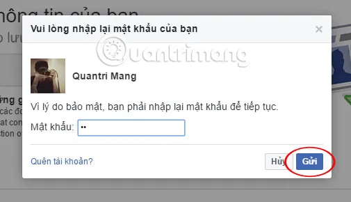 Nhập mật khẩu để xác nhận yêu cầu tải xuống bản sao lưu dữ liệu Facebook