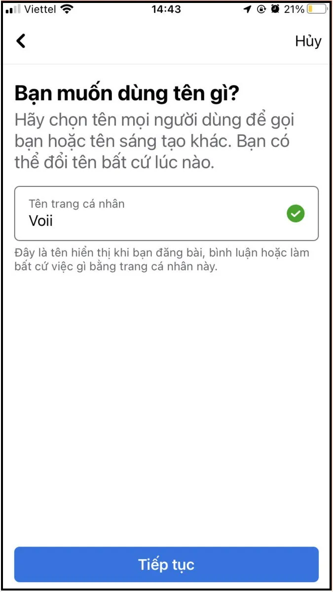 Nhập tên cho trang cá nhân mới khi bạn thực hiện cách tạo một trang Facebook khác