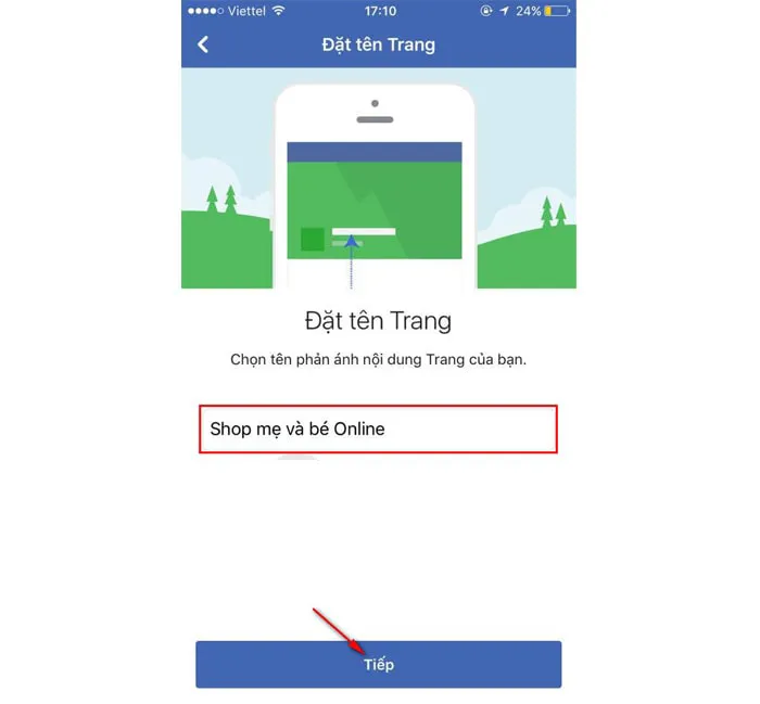 Nhập tên trang Facebook (Fanpage) cho doanh nghiệp trên điện thoại
