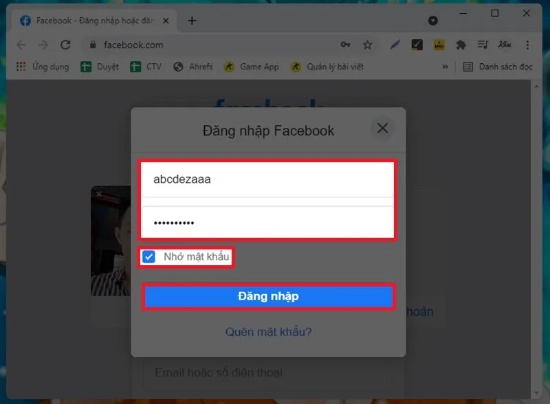 Nhập thông tin và chọn Nhớ mật khẩu để chuẩn bị cho cách chuyển tài khoản facebook trên máy tính