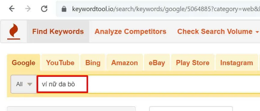 Nhập từ khóa đầu nhánh vào công cụ Keywordtool.io
