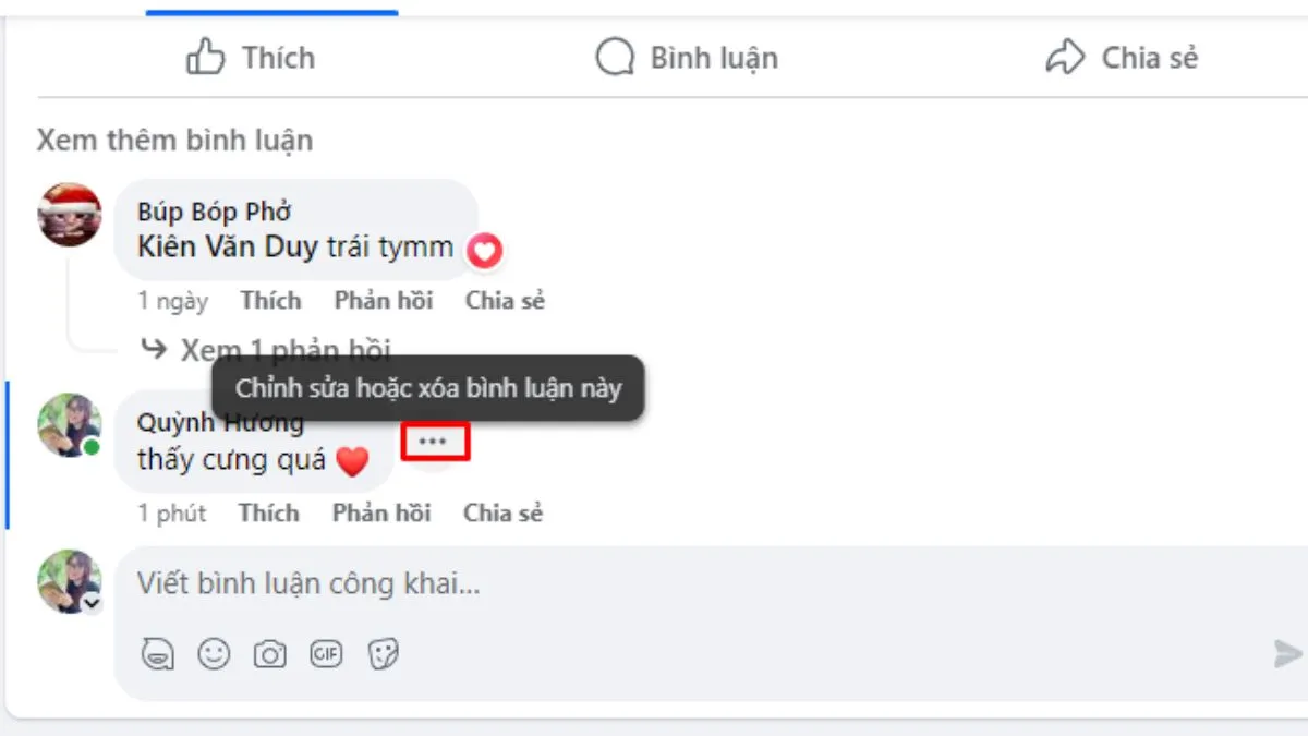 Nhấp vào biểu tượng dấu 3 chấm để chỉnh sửa bình luận Facebook trên máy tính
