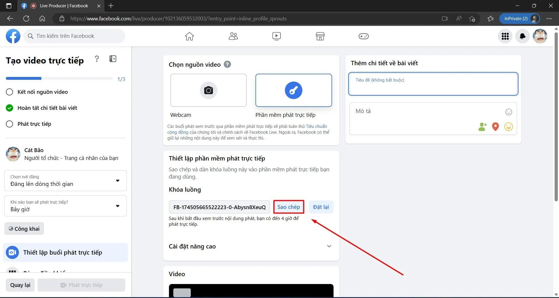 Sao chép Khóa luồng Stream Key cho phần mềm OBS Studio