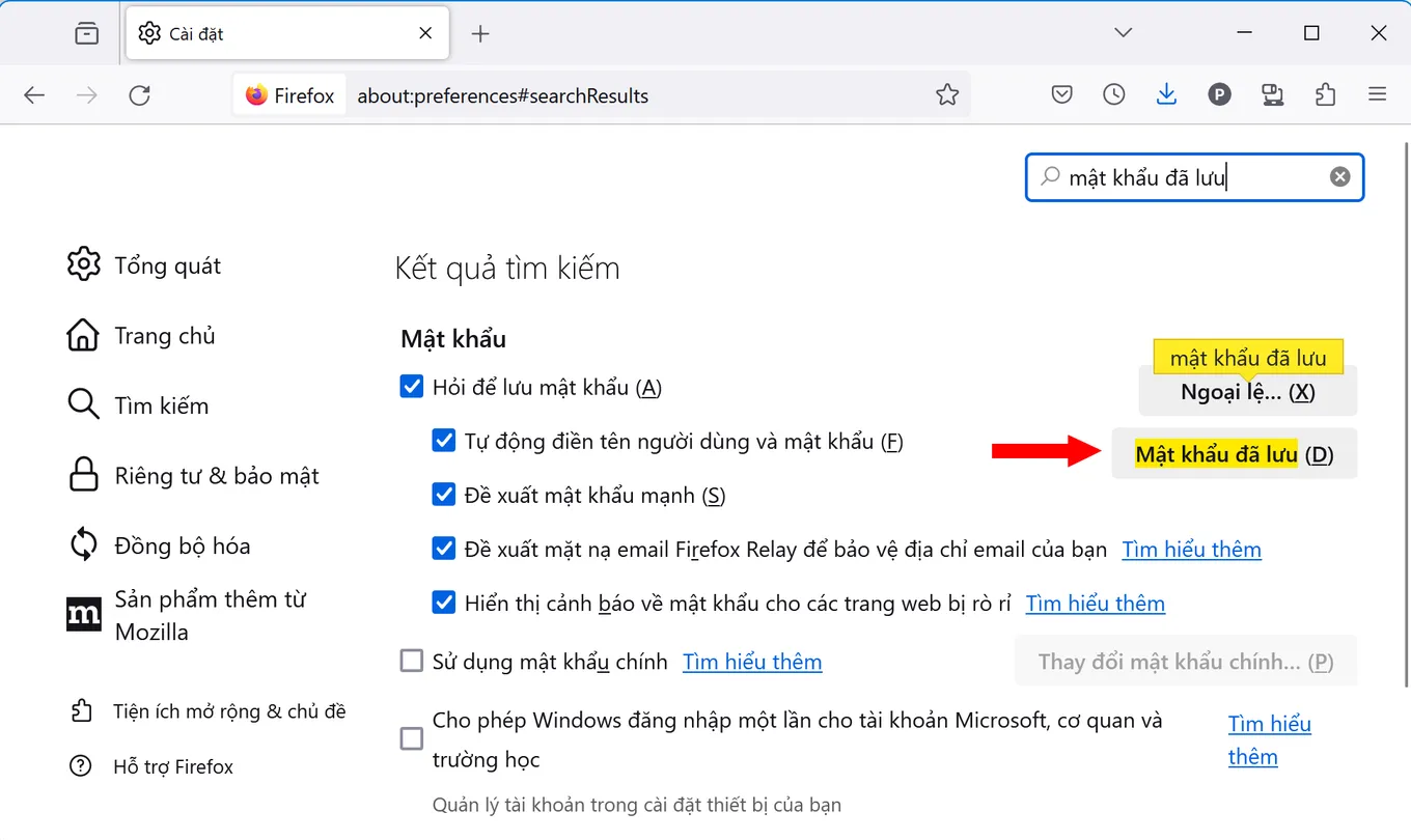 Sử dụng hộp tìm kiếm để tìm và chọn mục "Mật khẩu đã lưu" trên Firefox, phục vụ cách tìm mật khẩu Facebook