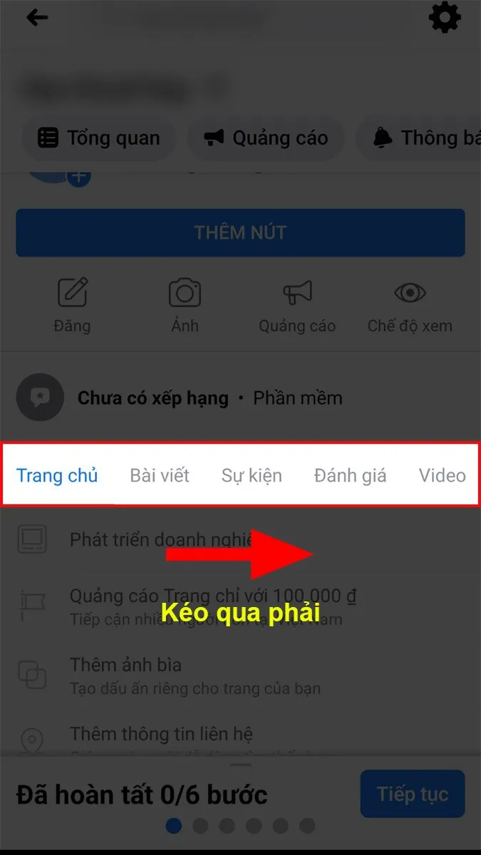 Thanh công cụ điều hướng Fanpage trên điện thoại, kéo sang phải
