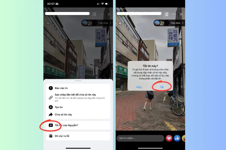 Thao tác Ẩn tin story trên ứng dụng di động Facebook.