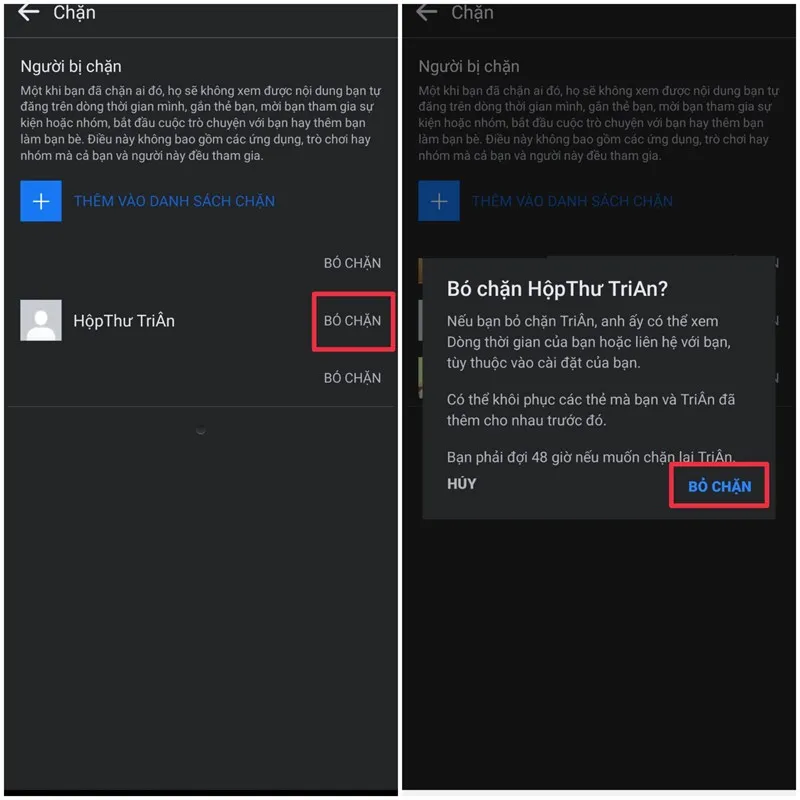 Thao tác Bỏ chặn để khôi phục bạn bè đã bị xóa trên Facebook