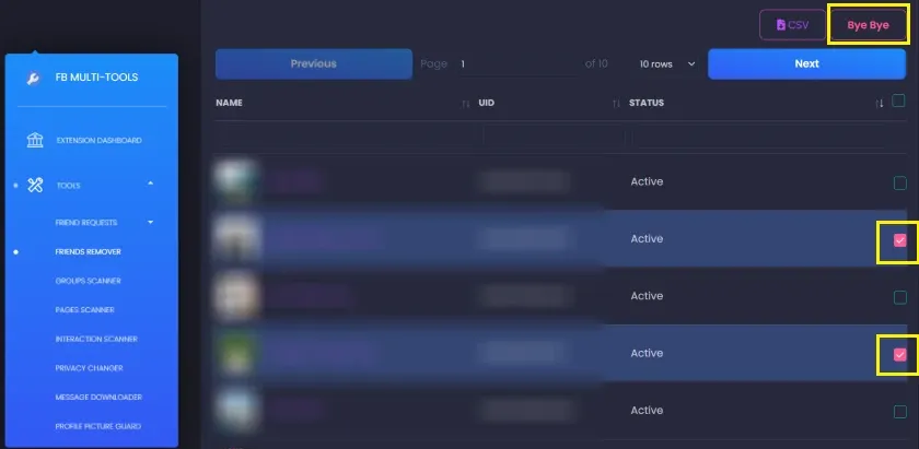 Thao tác chọn bạn bè và nhấn Bye Bye để hủy kết bạn hàng loạt
