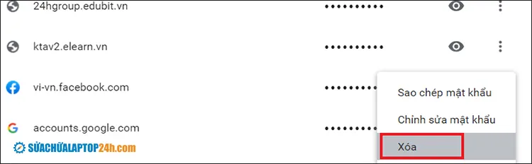 Thao tác chọn biểu tượng ba chấm và nhấn Xóa để xóa mật khẩu Facebook đã lưu