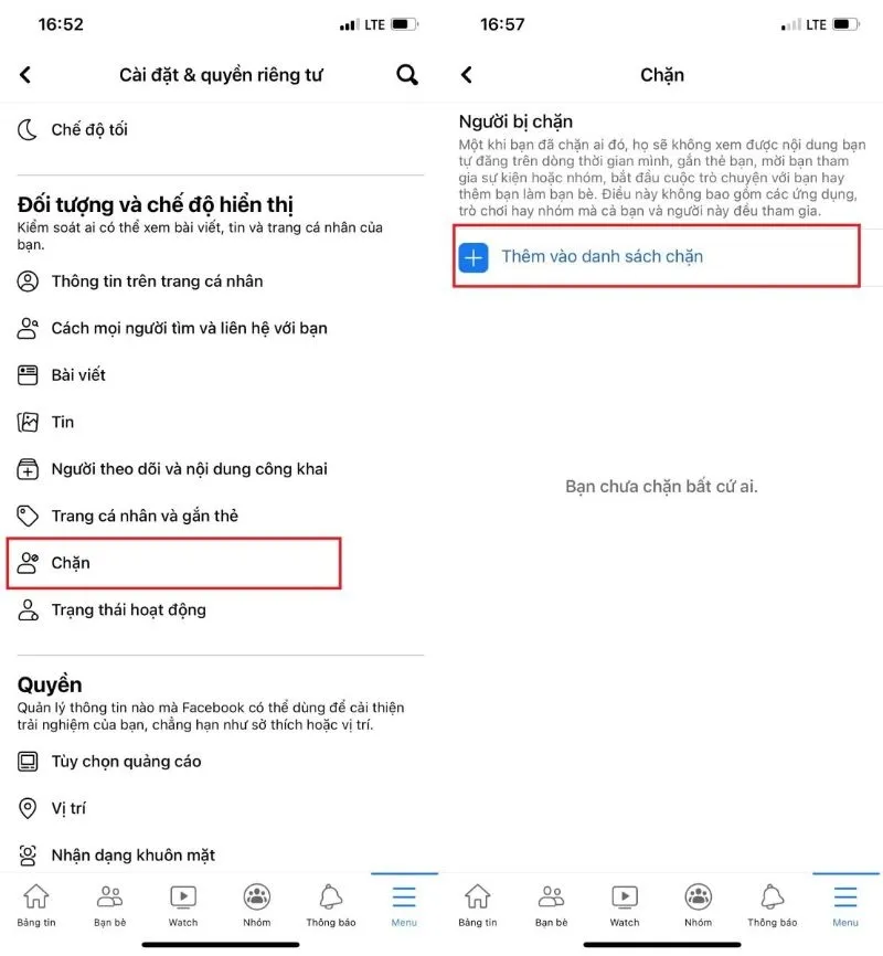 Thao tác chọn mục Chặn và Thêm vào danh sách chặn theo hướng dẫn cách block facebook