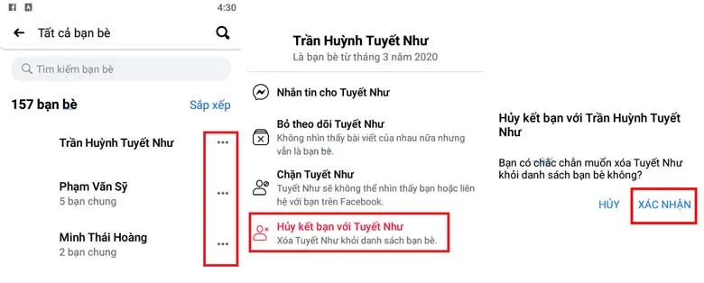 Thao tác hủy kết bạn từng người trên ứng dụng điện thoại bằng cách chọn Hủy kết bạn