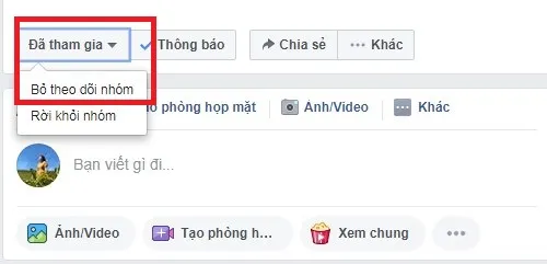 Thao tác rời khỏi nhóm Facebook trên giao diện máy tính bằng cách nhấn vào mục Đã tham gia