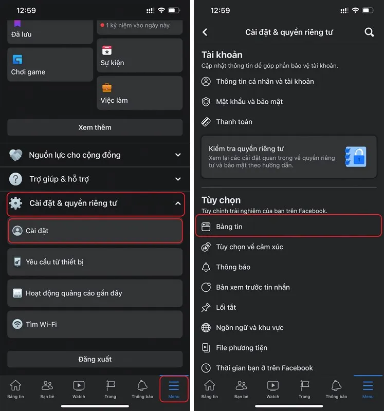 Thao tác truy cập Cài đặt và Bảng tin trên ứng dụng Facebook điện thoại