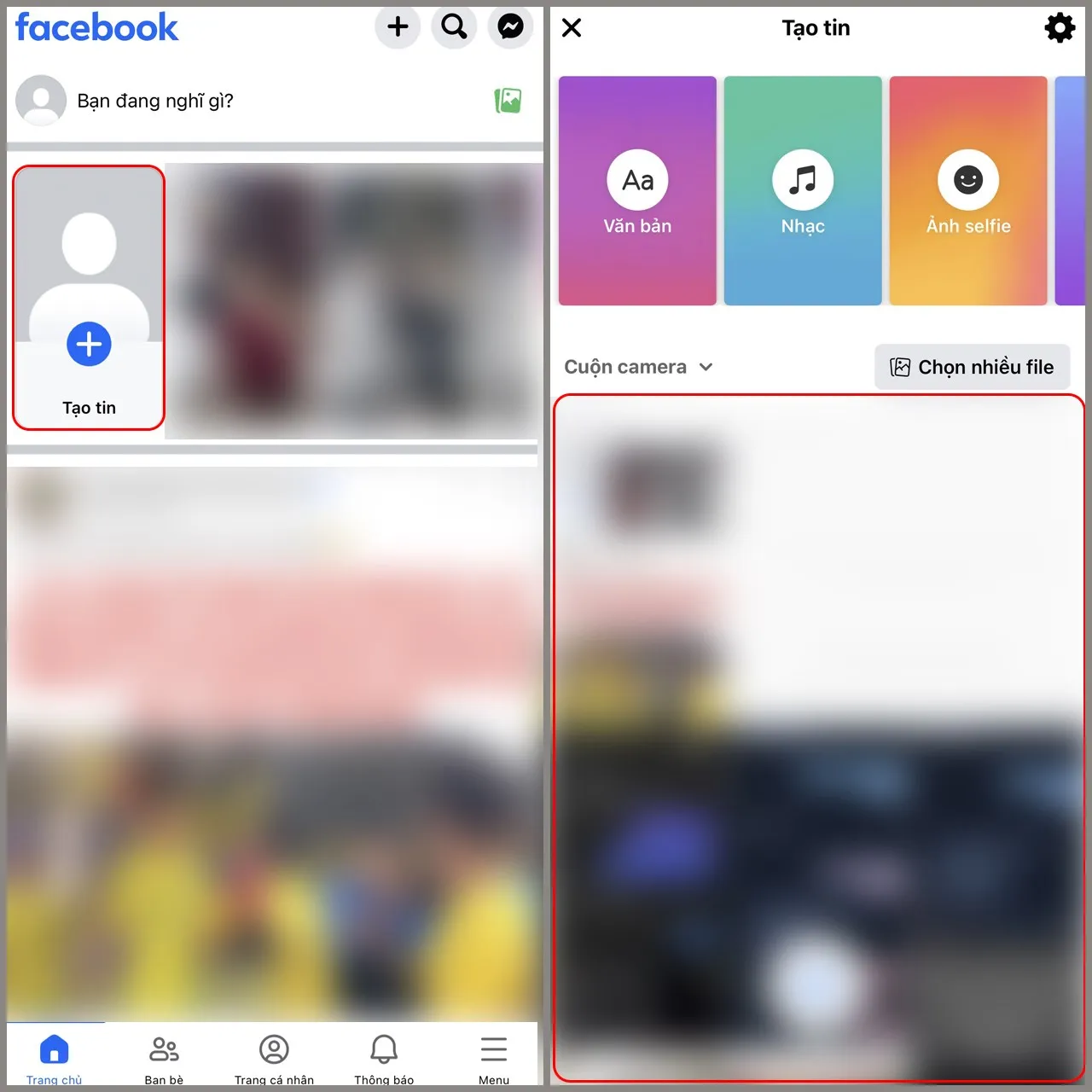 Thao tác truy cập tính năng Tạo tin và chọn ảnh hoặc video cần chèn nhạc