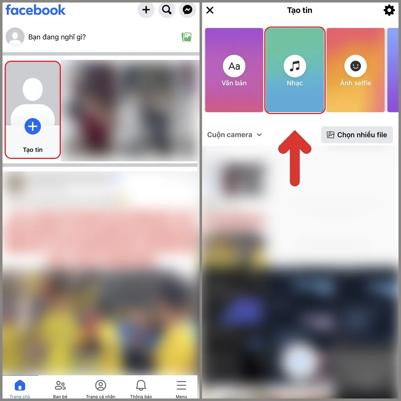 Thao tác truy cập tính năng Tạo tin và chọn Nhạc để chèn lời bài hát vào story