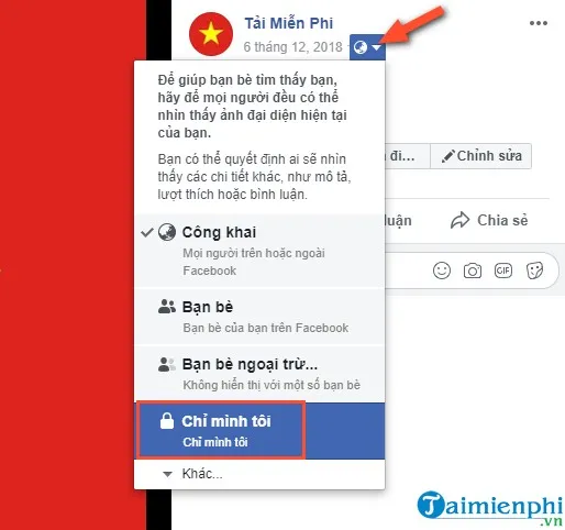 Thay đổi chế độ xem từ Mọi người sang Chỉ Mình Tôi để thực hiện cách không để ảnh đại diện trên facebook