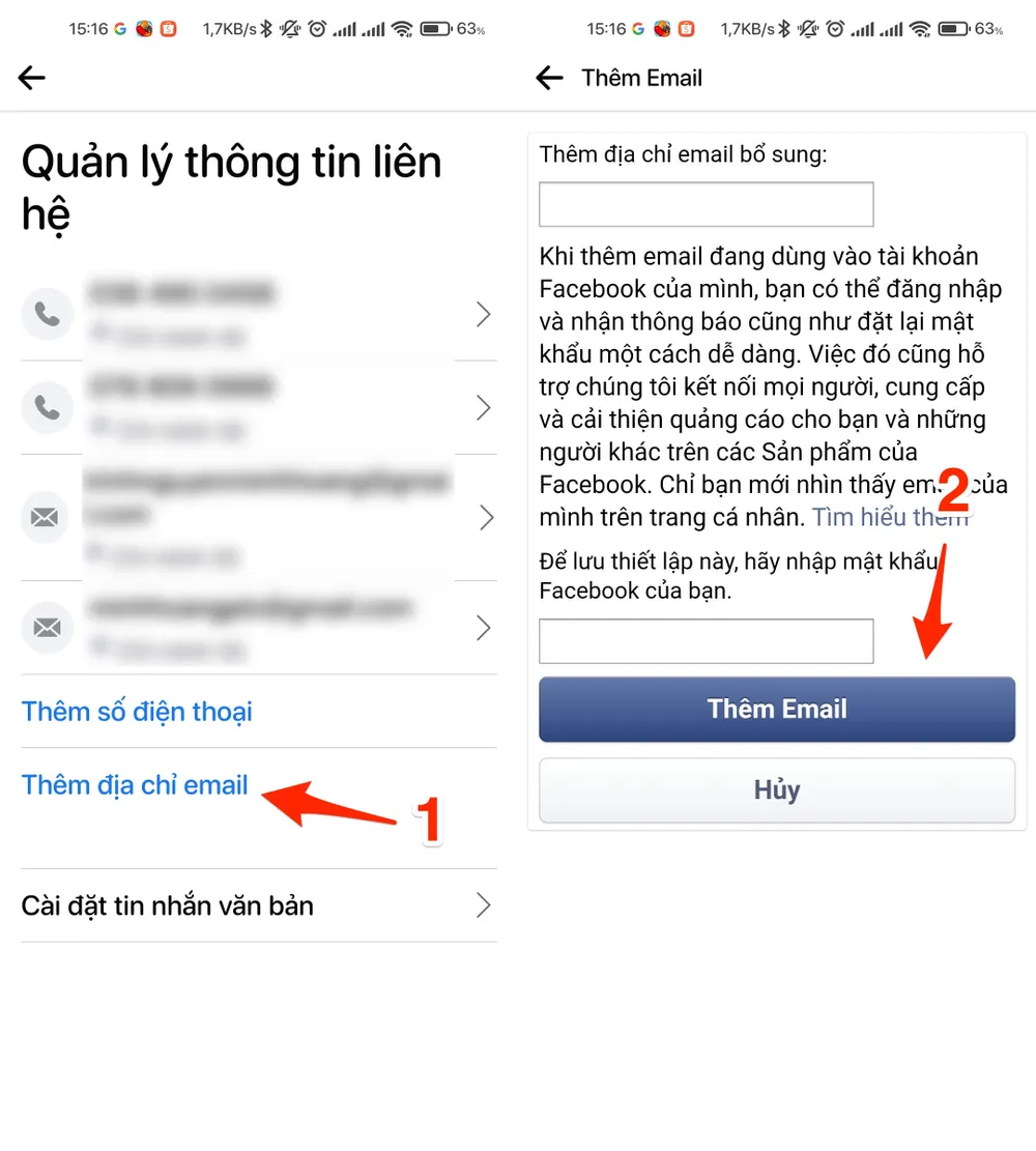 Nhập email mới vào Facebook qua ứng dụng di động trong cách đổi địa chỉ email trên facebook