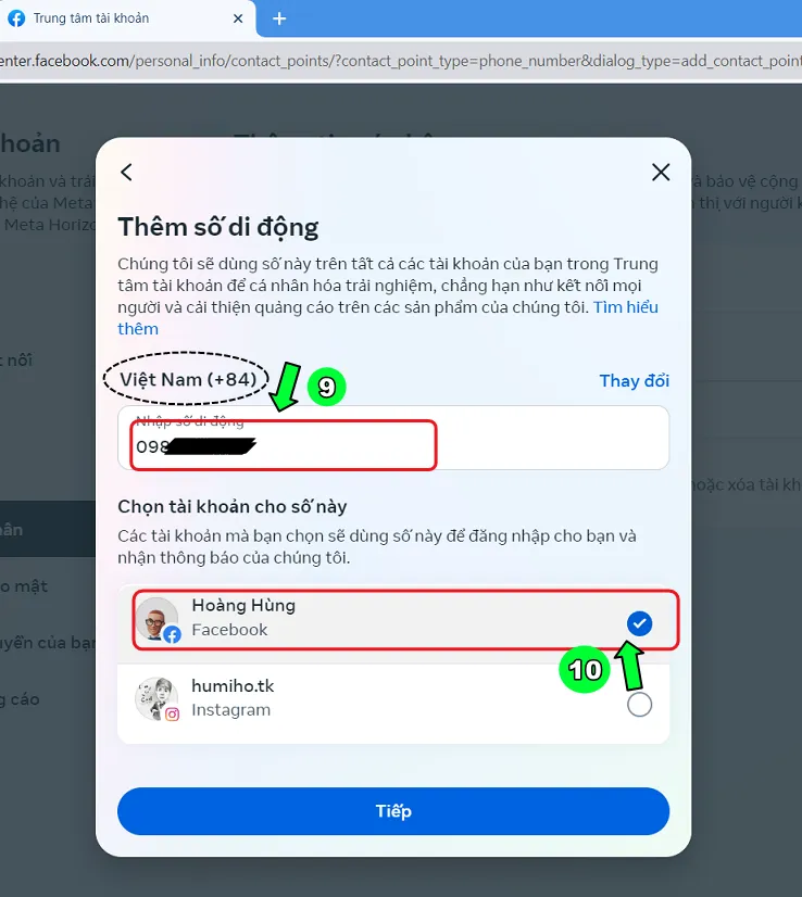 Thêm số điện thoại di động