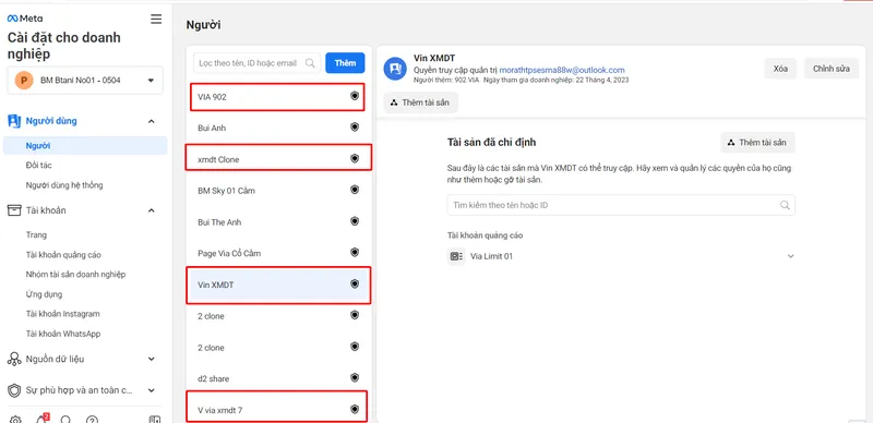 Thêm tài khoản VIA vào BM