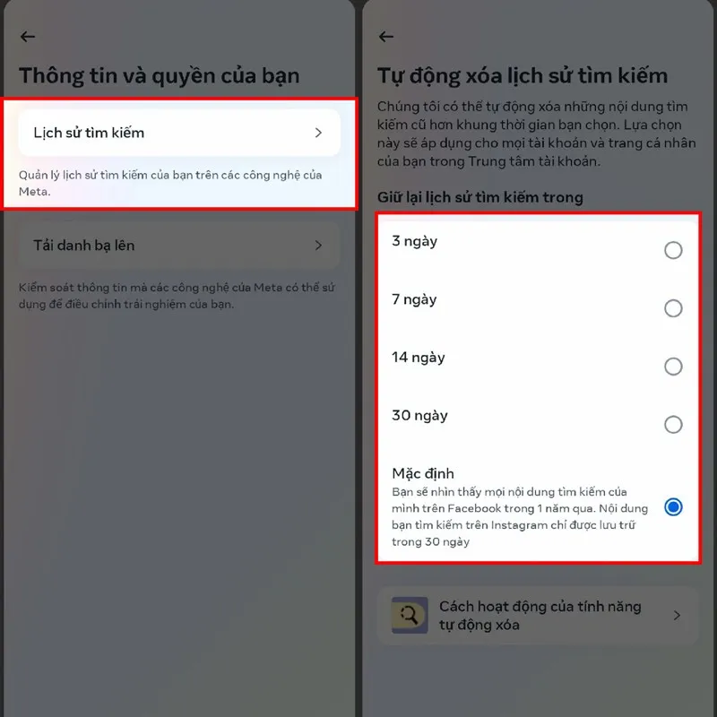 Thiết lập mốc thời gian Giữ lại lịch sử tìm kiếm để áp dụng cách xóa lịch sử trên Facebook tự động
