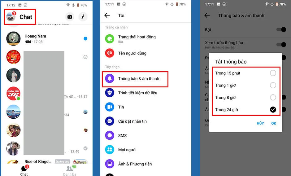 Thiết lập tắt thông báo và âm thanh tạm thời trong ứng dụng Messenger.