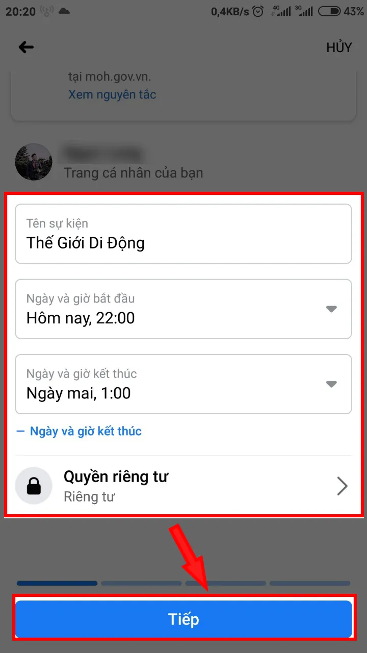 Thiết lập thông tin cơ bản cho Event Facebook bao gồm Tên, Thời gian và Quyền riêng tư