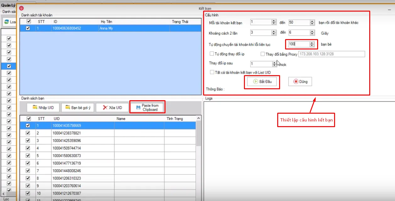 Thiết lập và bắt đầu quá trình kết bạn tự động theo danh sách UID